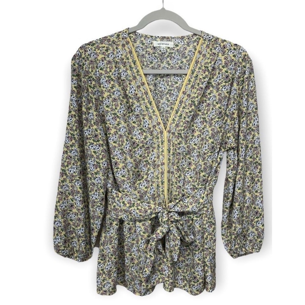 Max Studio Women Yellow Floral V-Neck Tie Waist Balloon Sleeve Blouse Top Medium
